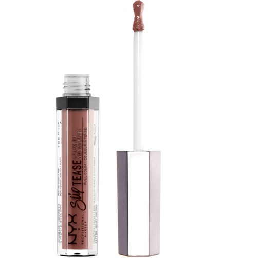 Lippenstift mit Applikator und braunem Gloss. Beschriftet "Nude X Super Tease".