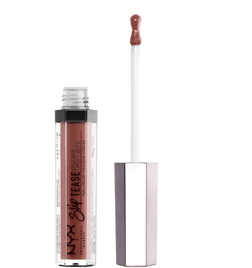 Ein Nude-Lippen Gloss-Röhre mit Applikator wurde gesehen, der Applikator hat etwas Gloss.