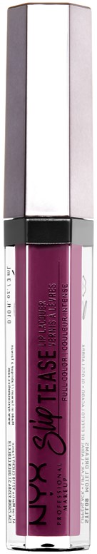 Lila Lipgloss in einer klaren Tube mit silberner Kappe, Marke NYX und Super Tase.