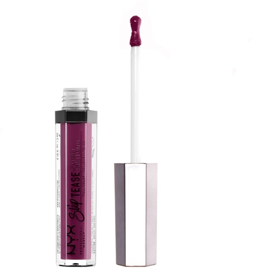 Nude langanhaltender Lipgloss in einer Tube mit Applikator und violetter Farbe.