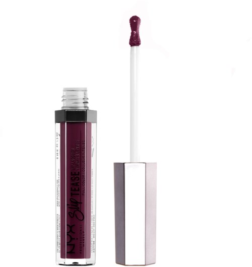 Lip gloss tube with applicator wand, purple lip gloss inside. The applicator is dipped in gloss.