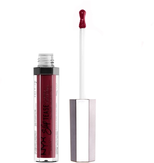 Lippenstift in einem klaren Röhrchen mit silberner Kappe und rotem Applikator. Der Pinsel ist herausgezogen, zeigt roten Glanz.