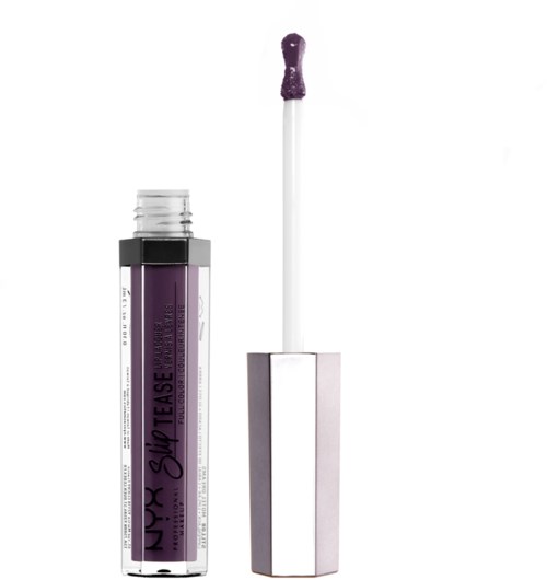 Lila Lippen Gloss in einem klaren und schwarzen Behälter, mit Applikator, der lila Gloss zeigt.