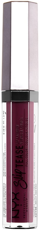Ein Lippenstift in einem Rohr mit silberner Kappe, dunklere Magentafarbe und durchsichtigem Körper, der das Produkt zeigt.
