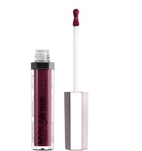 Ein Lipgloss-Tube mit Pinsel, zeigt pinken Lipgloss, und hat einen silbernen Deckel, auf weißem Hintergrund.