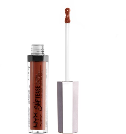 Flüssiger Lippenstift in durchsichtigem Röhrchen mit schwarzem Deckel, Applikatorpinsel mit brauner Lippe.