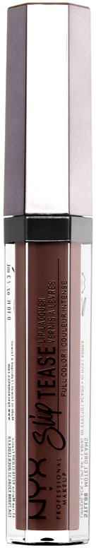 Ein brauner flüssiger Lippenstift in einer transparenten Tube mit silbernem und weißem Deckel, beschriftet 'NYX Super Tase Lipstick' am Tag.