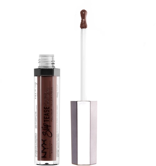 Mattflüssiger Lippenstift mit Schwammapplikator, zeigt die Flüssigkeit in einem transparenten Röhrchen. Der Deckel ist silbern.