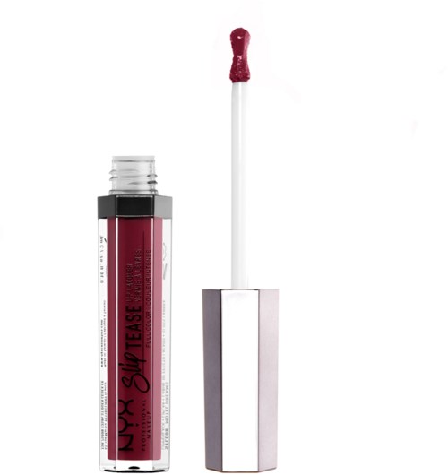 Ein Lippenstift mit Applikator, zeigt einen pinken Lipgloss. Der Applikator ist mit Gloss bedeckt.