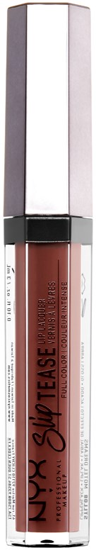 Ein Lippenstift mit silberner, glänzender Kappe und durchsichtigem Körper, der die nudefarbene gloss zeigt.