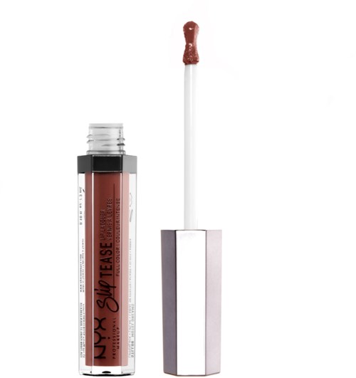 Lippenkosmetik mit rosa-brauner Farbe, weißem Applikatorschwamm und silberner Hülse.