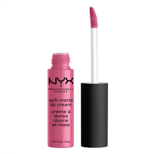 Pink lip balm tube with black cap and wand, labeled NYX soft matte lip cream.