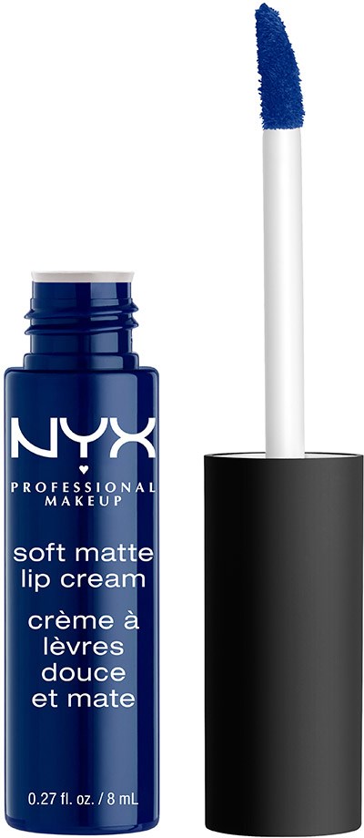En blå NYX leppekrembeholder med påsatt applikator, merket 'soft matte lip cream' med tekst på engelsk og fransk.