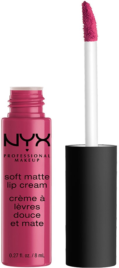 Rosa NYX leppemaling med hvit applikator som viser rosa lepperfarge. Svart hette er av.