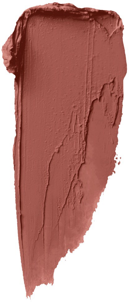 Ein Streifen braune Schminke oder Farbe mit strukturierten, ungleichmäßigen Strichen auf weißem Hintergrund.