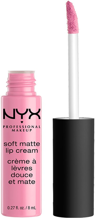 En rosa tube av NYX soft matte lip cream med en hvit påføringspenn.