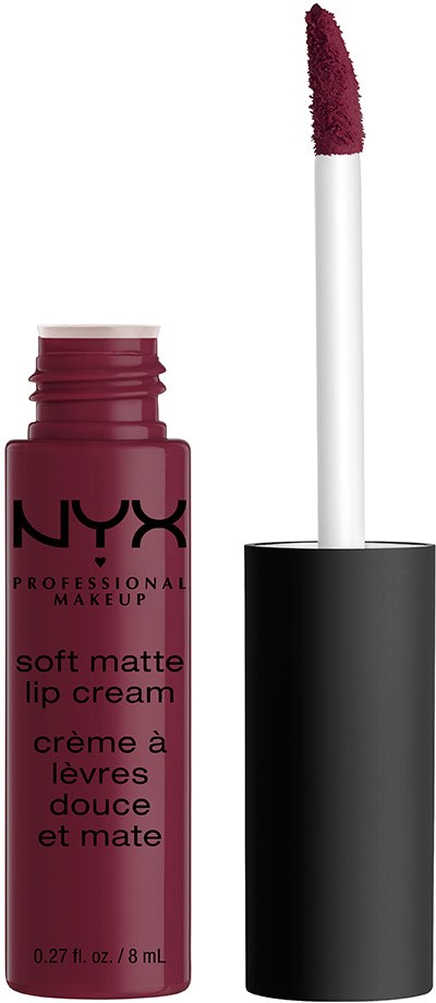 En NYX leppestiftflaske i mørk rosa med applikator. Etiketten sier "soft matte lip cream."