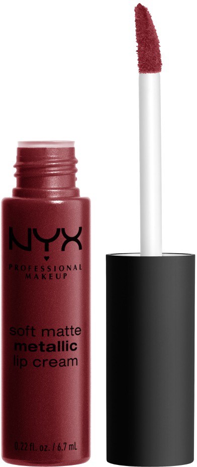 A lipstick tube with a wand showing pink lip color, labeled NYX Soft Matte Metallic Lip Cream.