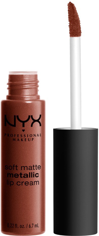 A NYX metallic lip cream tube with a wand applicator, showing soft matte metallic lipstick. Black cap. Brand name visible.
