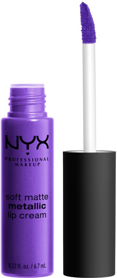 A purple lip gloss bottle with a white wand applicator, labeled NYX, soft matte metallic lip cream.