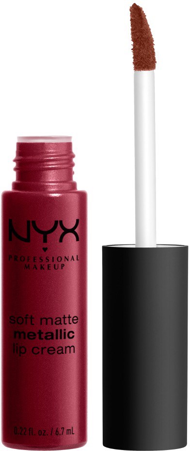 A NYX lip cream with a soft matte finish, shown with the applicator next to the open tube.