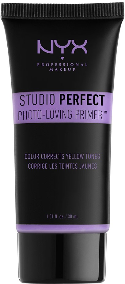 A black tube with purple and white text, labeled NYX Studio Perfect Photo-Loving Primer, used for makeup.