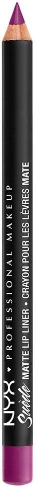 Mustan kynän, jossa on violetteja kärki ja valkoista tekstiä, lukee 'NYX Professional Makeup, Matte Lip Liner, Satin Cushion.'