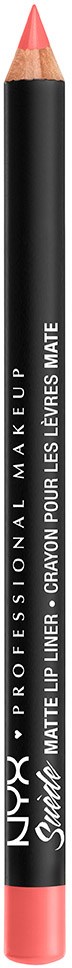 Mustapuna huulipuna, jossa on pinkki kärki, kyljessä lukee 'NYX Professional Make Up, Matte Lip Liner.'
