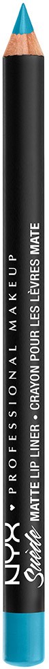 Mustan huultenrajauskynän sininen kärki, merkitty NYX Professional Makeup, Shine Matte Lip Liner. Se on pystyssä.