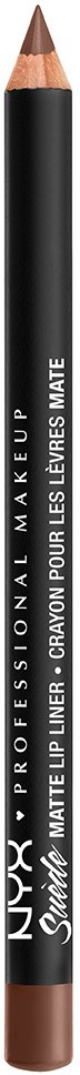 Musta silmänrajauksen kynä, jossa on valkoinen teksti, ruskea kärki, merkki 'NYX PROFESSIONAL MAKEUP', 'MATTE LIP LINER' ja lisää.
