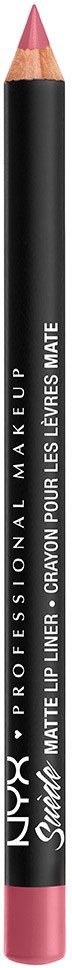 Musta ja vaaleanpunainen huultenrajauskynä, jossa valkoinen teksti, nimeltään NYX Professional Make Up, Matte Lip Liner, mataläpäihin.