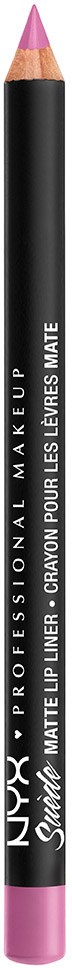 En svart blyant med rosa spiss og rosa ende, merket NYX Professional Makeup Satin Lip Liner.