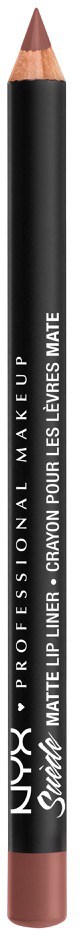 A black pencil with silver text, labeled as a makeup product for lips, matte finish, with a brown tip.