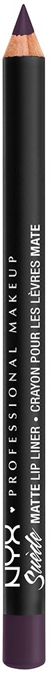 A purple and black eyeliner pencil with white text, labeled 'NYX Professional Make Up' and 'Matte Lip Liner'