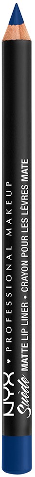 A black eyeliner pencil with a blue tip and white text, labeled 'NYX Professional Makeup Matte Lip Liner' and 'Sleek Matte Lip Liner Intended for Lip Use'.