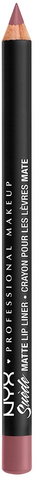 A black lip pencil with white text and a pink tip, labeled as matte lip liner by NYX. Homogeneous and sleek design.
