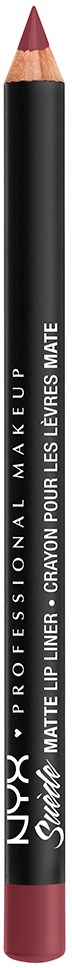 A black lip pencil with a pinkish-brown tip and silver lettering, used for makeup.