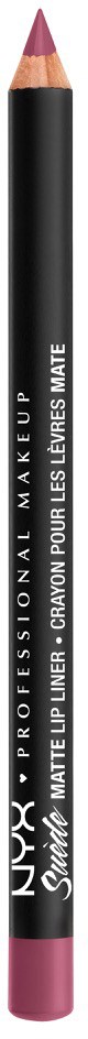 A black and pink lip liner pencil with white text, standing upright against a black background.