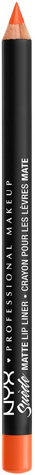 En svart läppkritspenna med orange spets och lock. Text på pennan lyder 'NYX PROFESSIONAL MAKE UP' och andra detaljer.
