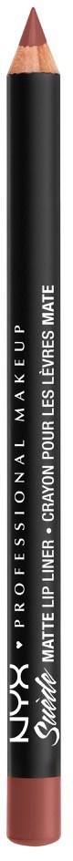 A black lip liner pencil with a brown tip, labeled NYX Professional Makeup, matte finish, slim design.