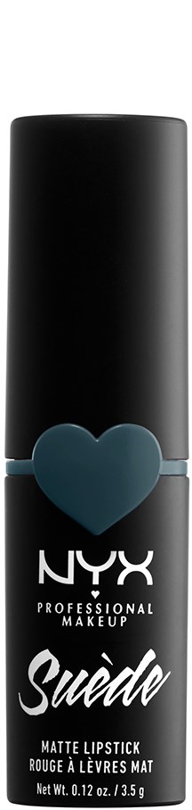 Ett svart, cylindriskt läppstiftsförpackning med ett blått hjärta och NYX-logga.