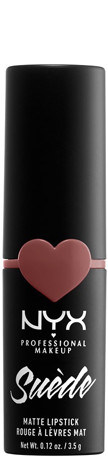 A black lipstick tube with a pink heart and white text, promoting NYX Professional Makeup Suede Matte Lipstick.
