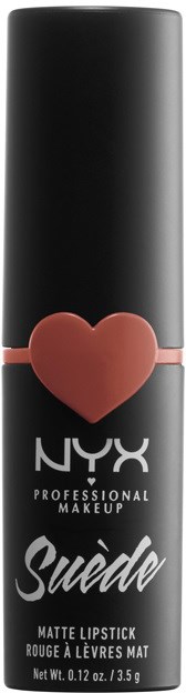 Ein schwarzer Lippenstift mit einem pinken Herz und weißen Text, markiert NYX und Suede, Mattelippen.