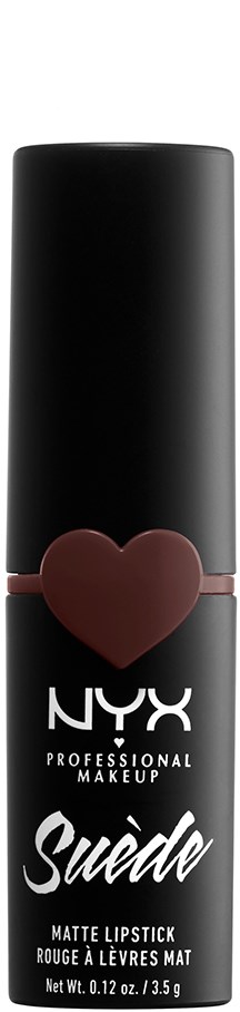 En svart läppstiftstub med en hjärtfigur och NYX-logotyp, märkt som matt läppstift från Suede-serien.