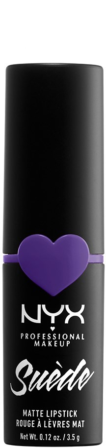 En svart läppstiftstift med ett lila hjärta och vit text, visar NYX och Suede Matte Lipstick.
