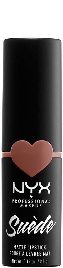 En svart läppstiftstubbe med ett rosa hjärta och vit text, märkt NYX Suede Matte Lipstick.