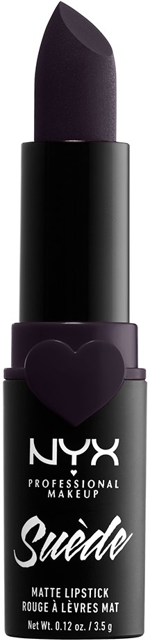 Svart läppstift i rör med hjärtformat topp, märkt NYX Suede Matte Lipstick.