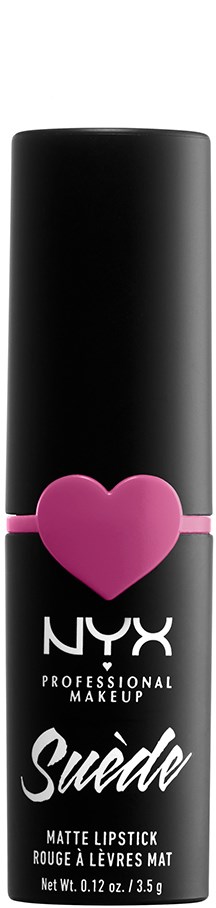 En svart läppstiftstube med ett rosa hjärta och vit text, märkt NYX Suede Matte Lipstick.