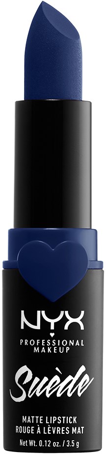 En blå läppstift i ett svart rör med ett hjärtformat topplock, märkt NYX Suede Matte Lipstick.