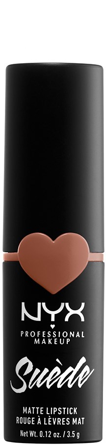 Svart läppstiftstift med ett rosa hjärta och NYX-märke, märkt som Suede matten läppstift.